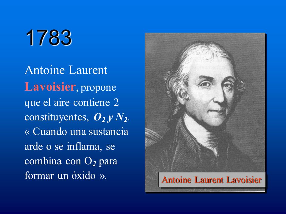 1783 Antoine Laurent Lavoisier, propone que el aire contiene 2