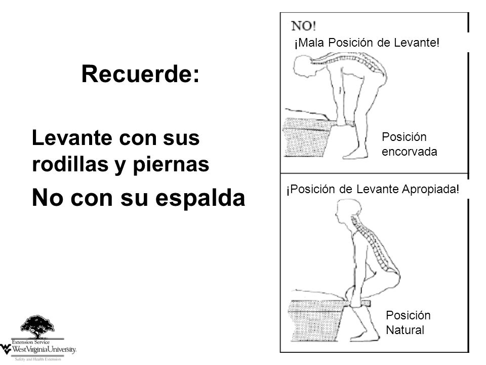 Recuerde: No con su espalda Levante con sus rodillas y piernas