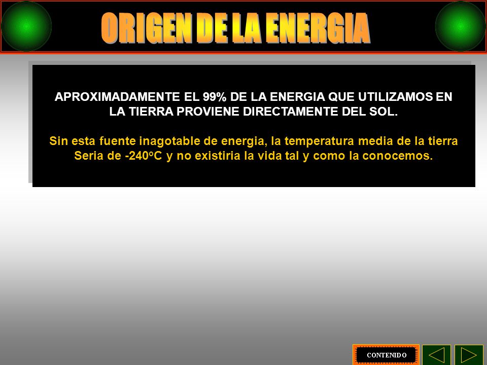ORIGEN DE LA ENERGIA APROXIMADAMENTE EL 99% DE LA ENERGIA QUE UTILIZAMOS EN. LA TIERRA PROVIENE DIRECTAMENTE DEL SOL.
