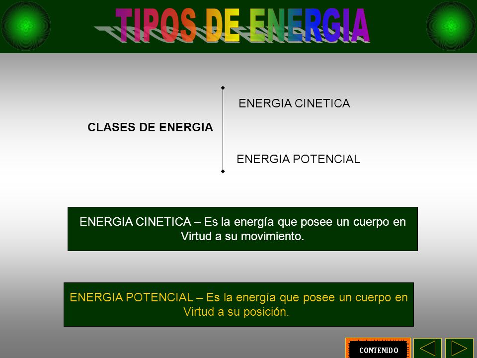 TIPOS DE ENERGIA ENERGIA CINETICA CLASES DE ENERGIA ENERGIA POTENCIAL