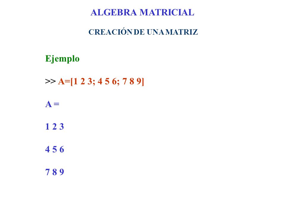 ALGEBRA MATRICIAL Ejemplo >> A=[1 2 3; 4 5 6; 7 8 9] A = 1 2 3