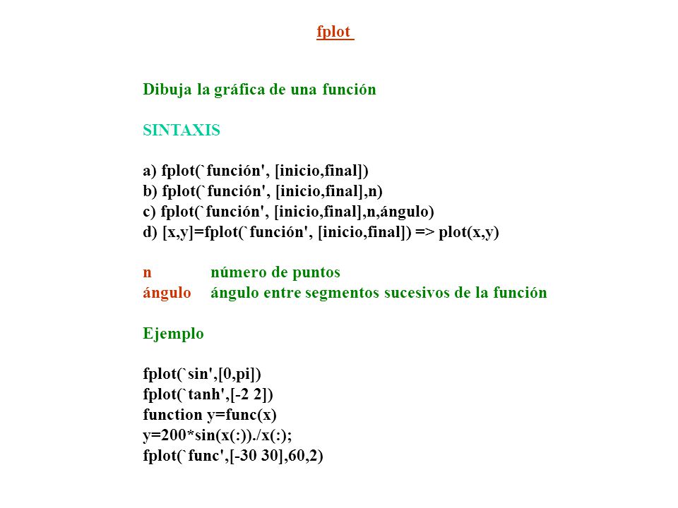 fplot Dibuja la gráfica de una función. SINTAXIS. a) fplot(`función , [inicio,final]) b) fplot(`función , [inicio,final],n)