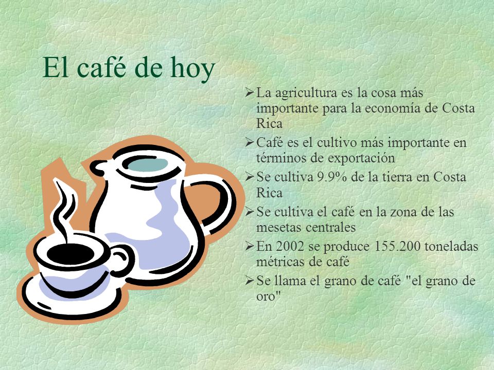 El café de hoy La agricultura es la cosa más importante para la economía de Costa Rica. Café es el cultivo más importante en términos de exportación.
