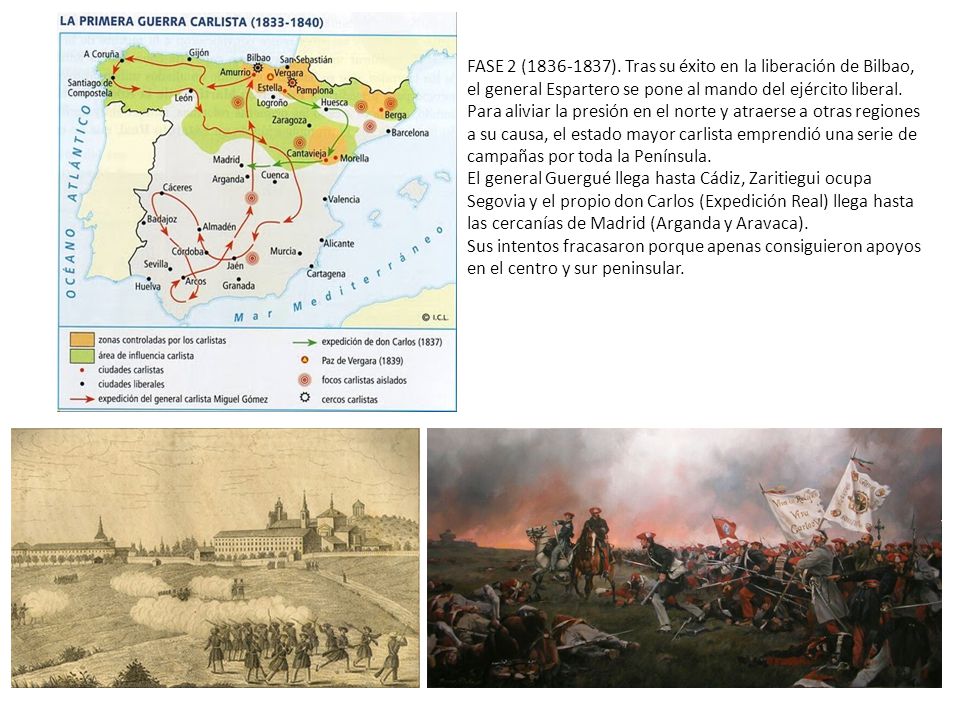 FASE 2 ( ). Tras su éxito en la liberación de Bilbao, el general Espartero se pone al mando del ejército liberal. Para aliviar la presión en el norte y atraerse a otras regiones a su causa, el estado mayor carlista emprendió una serie de campañas por toda la Península.