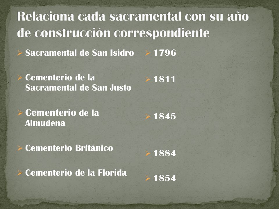 Relaciona cada sacramental con su año de construcción correspondiente