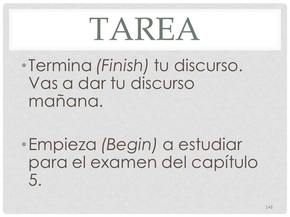 Tarea Termina (Finish) tu discurso. Vas a dar tu discurso mañana.