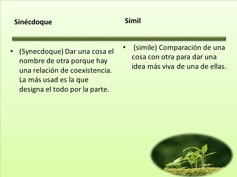 Sinécdoque Símil. (simile) Comparación de una cosa con otra para dar una idea más viva de una de ellas.