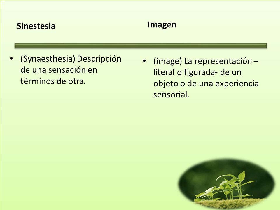 Sinestesia Imagen. (Synaesthesia) Descripción de una sensación en términos de otra.