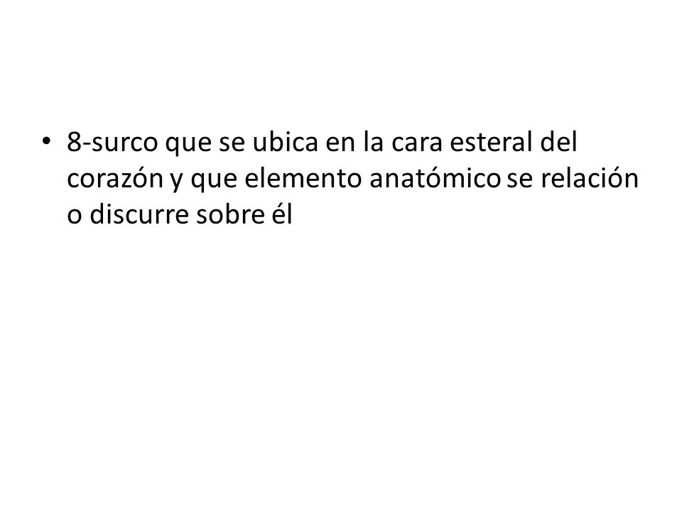 8-surco que se ubica en la cara esteral del corazón y que elemento anatómico se relación o discurre sobre él