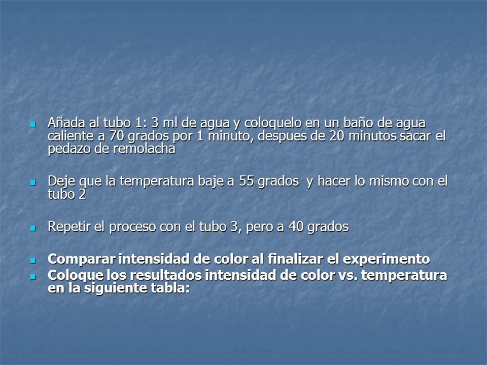 Añada al tubo 1: 3 ml de agua y coloquelo en un baño de agua caliente a 70 grados por 1 minuto, despues de 20 minutos sacar el pedazo de remolacha
