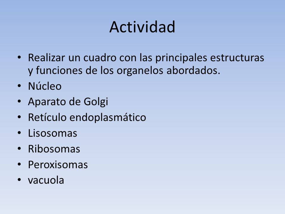 Actividad Realizar un cuadro con las principales estructuras y funciones de los organelos abordados.