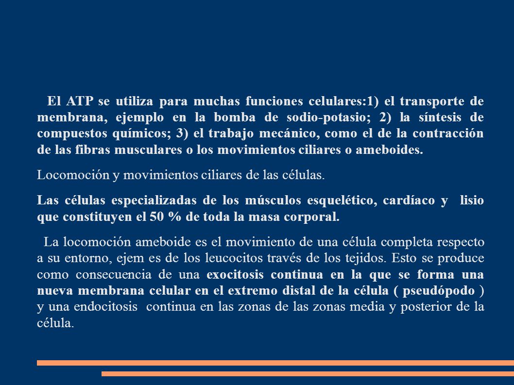 El ATP se utiliza para muchas funciones celulares:1) el transporte de membrana, ejemplo en la bomba de sodio-potasio; 2) la síntesis de compuestos químicos; 3) el trabajo mecánico, como el de la contracción de las fibras musculares o los movimientos ciliares o ameboides.