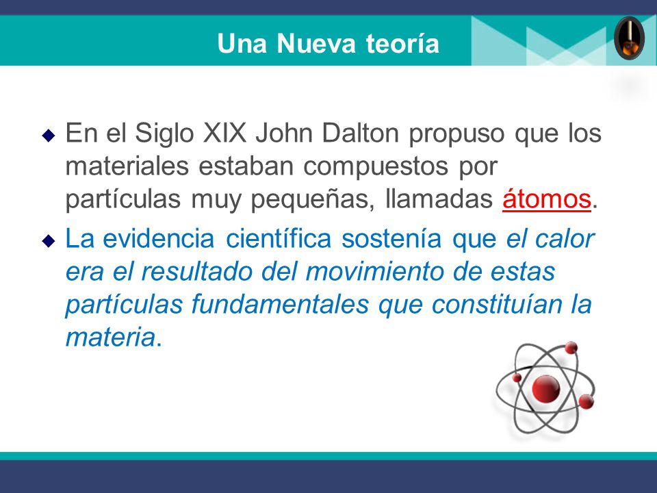 Una Nueva teoría En el Siglo XIX John Dalton propuso que los materiales estaban compuestos por partículas muy pequeñas, llamadas átomos.