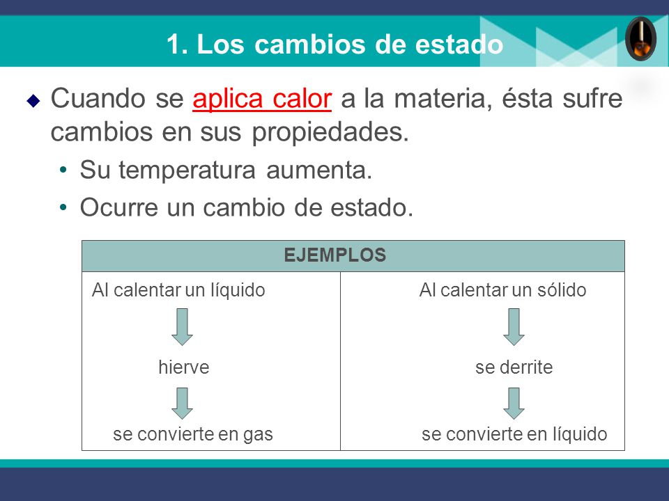 1. Los cambios de estado Cuando se aplica calor a la materia, ésta sufre cambios en sus propiedades.