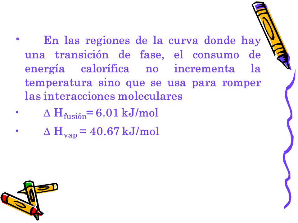 En las regiones de la curva donde hay una transición de fase, el consumo de energía calorífica no incrementa la temperatura sino que se usa para romper las interacciones moleculares