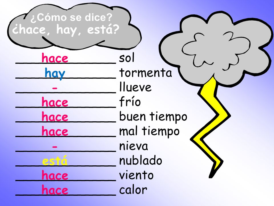 _____________ tormenta _____________ llueve _____________ frío