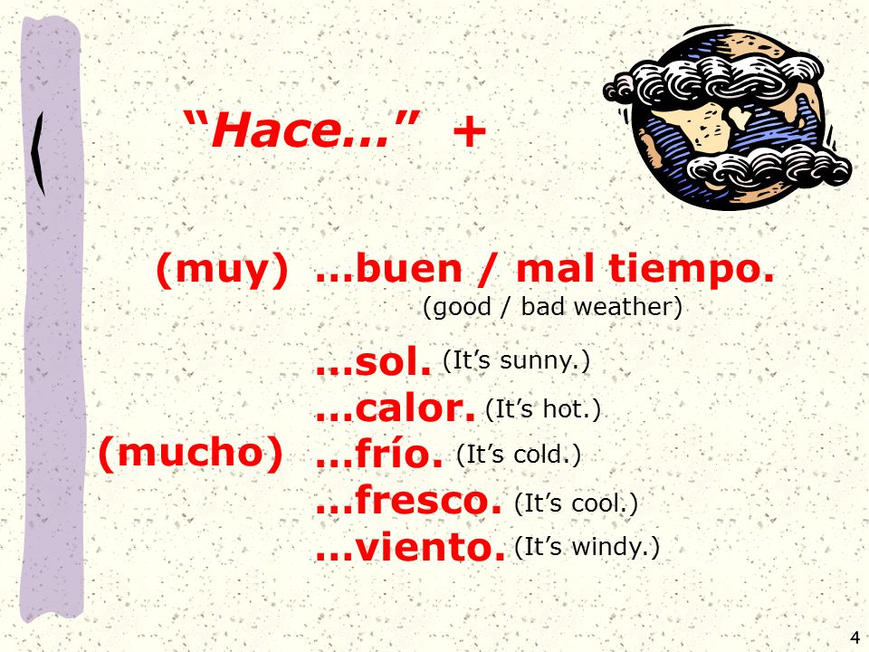 Hace… + (muy) …buen / mal tiempo. …sol. …calor. …frío. …fresco.