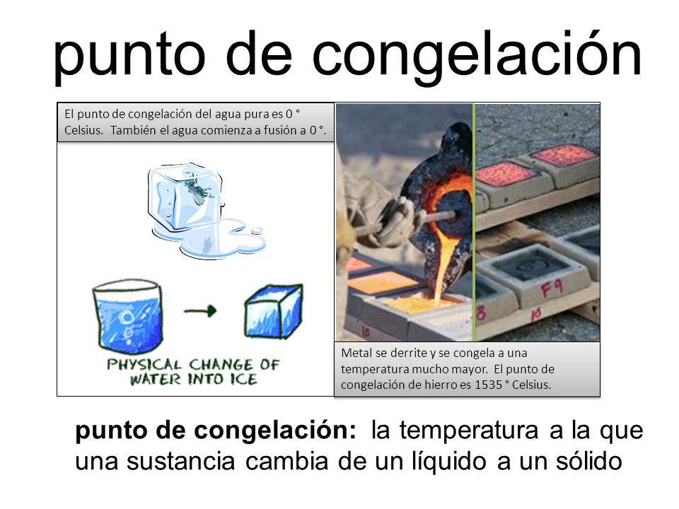 punto de congelación El punto de congelación del agua pura es 0 ° Celsius. También el agua comienza a fusión a 0 °.