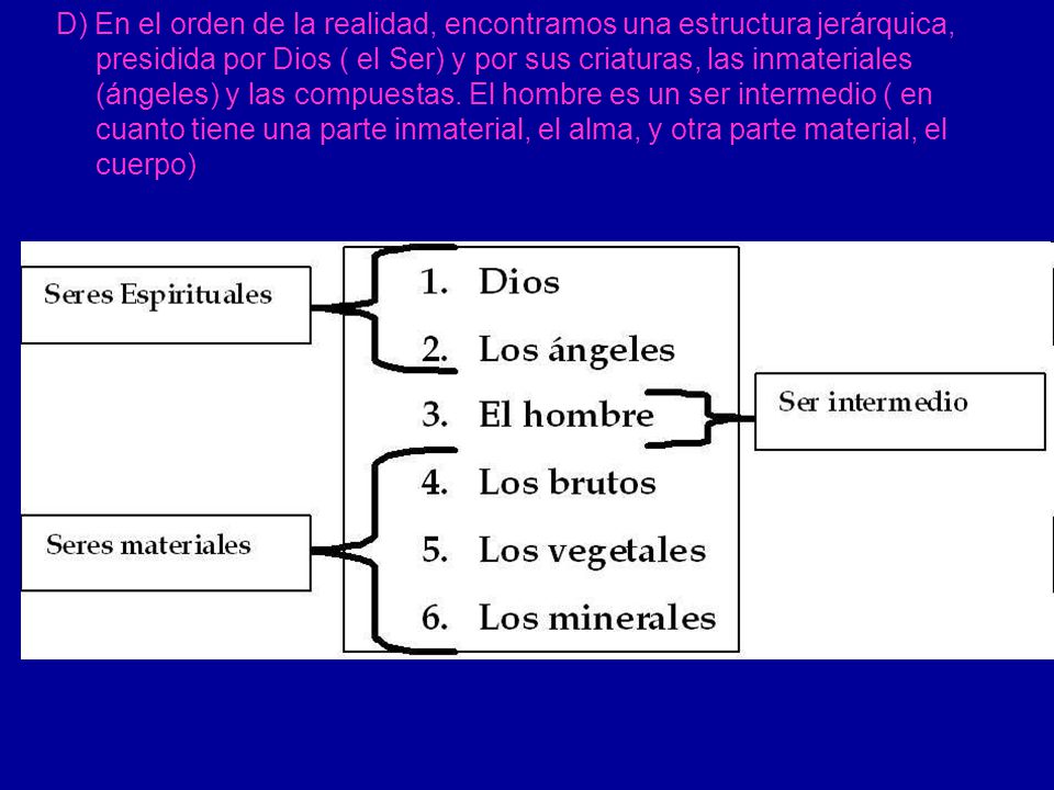 D) En el orden de la realidad, encontramos una estructura jerárquica, presidida por Dios ( el Ser) y por sus criaturas, las inmateriales (ángeles) y las compuestas.