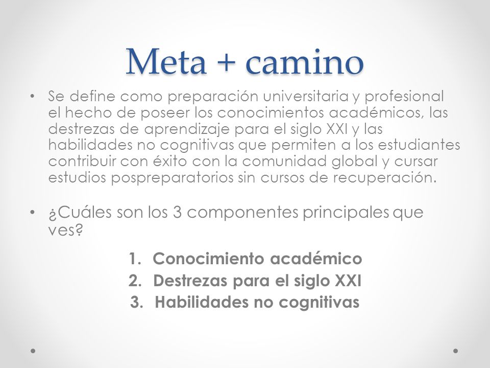 Meta + camino ¿Cuáles son los 3 componentes principales que ves