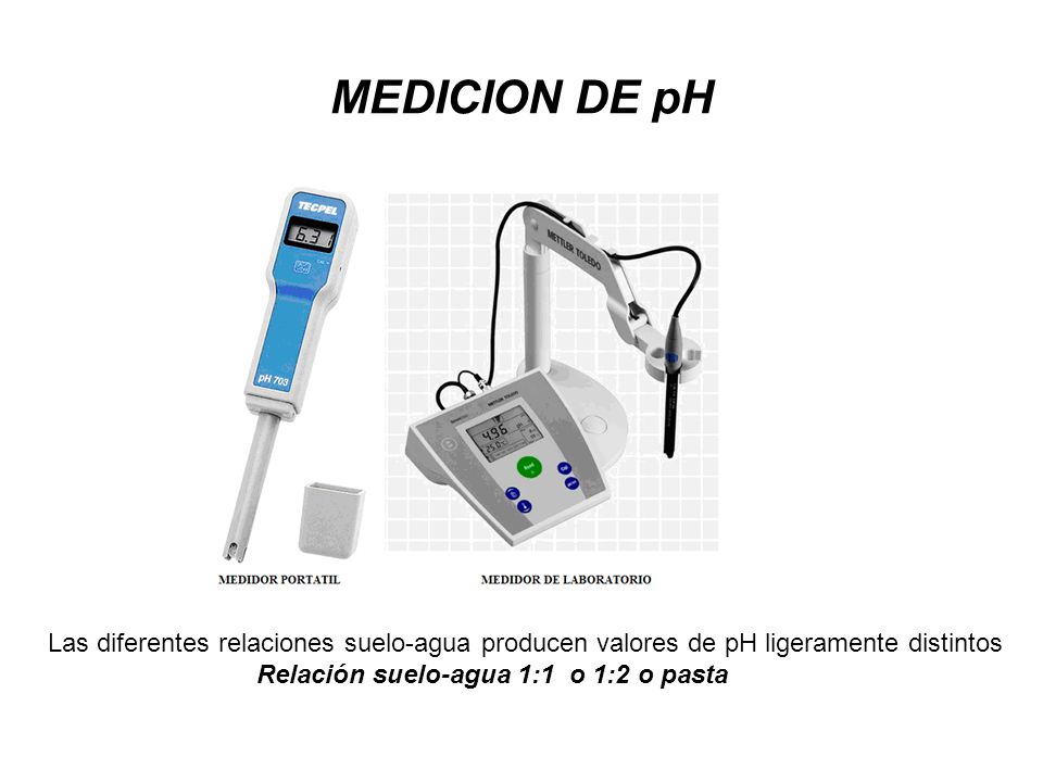 MEDICION DE pH Las diferentes relaciones suelo-agua producen valores de pH ligeramente distintos.
