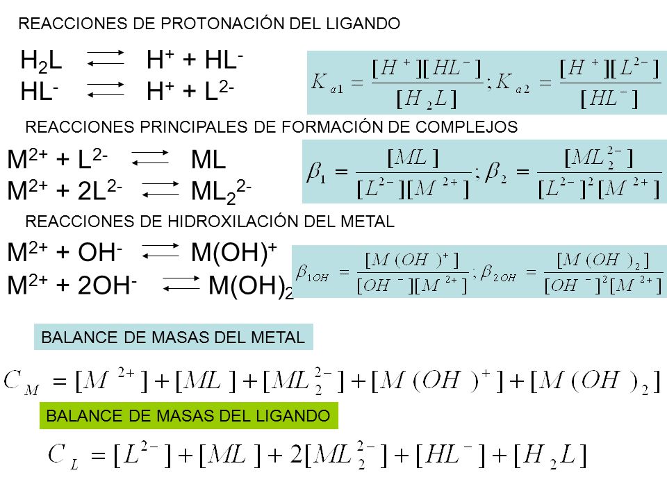 H2L H+ + HL- HL- H+ + L2- M2+ + L2- ML M2+ + 2L2- ML22- M2+ + OH-