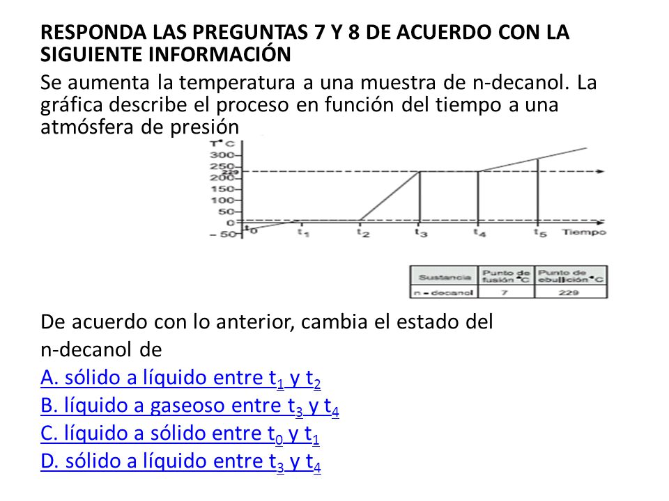 RESPONDA LAS PREGUNTAS 7 Y 8 DE ACUERDO CON LA SIGUIENTE INFORMACIÓN Se aumenta la temperatura a una muestra de n-decanol.