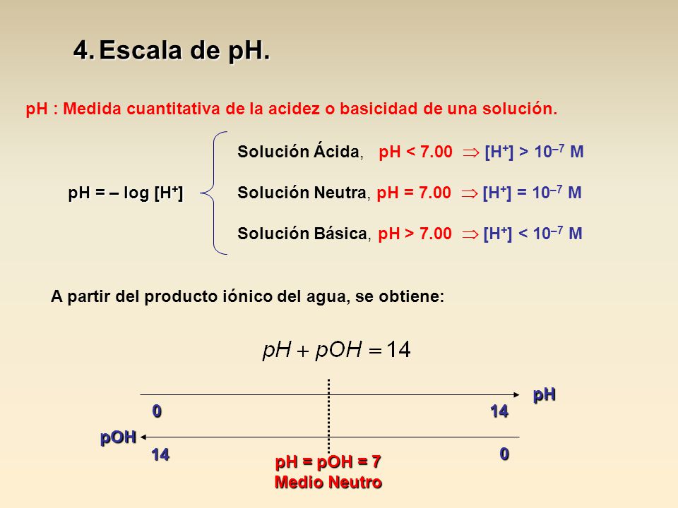 Escala de pH. pH : Medida cuantitativa de la acidez o basicidad de una solución. Solución Ácida, pH < 7.00  [H+] > 10–7 M.