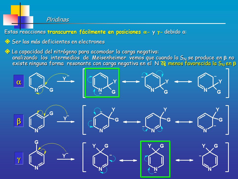 a b g Piridinas  Ser las más deficientes en electrones