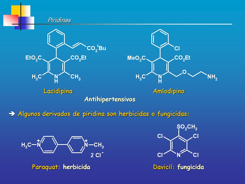 Piridinas Lacidipina. Amlodipino. Antihipertensivos.  Algunos derivados de piridina son herbicidas o fungicidas: