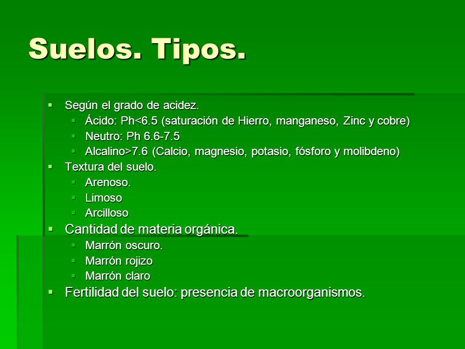 Suelos. Tipos. Cantidad de materia orgánica.