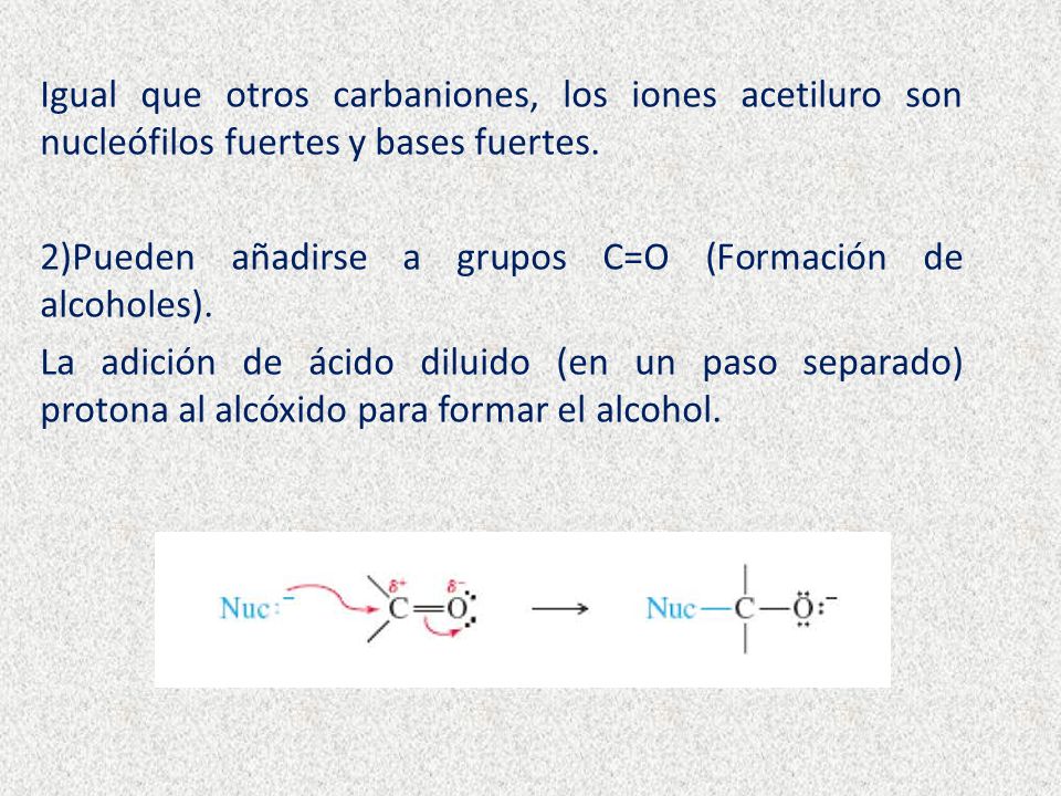 Igual que otros carbaniones, los iones acetiluro son nucleófilos fuertes y bases fuertes.