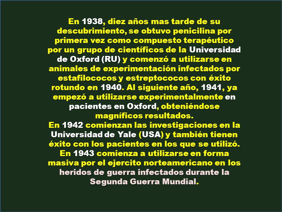 En 1938, diez años mas tarde de su descubrimiento, se obtuvo penicilina por primera vez como compuesto terapéutico por un grupo de científicos de la Universidad de Oxford (RU) y comenzó a utilizarse en animales de experimentación infectados por estafilococos y estreptococos con éxito rotundo en Al siguiente año, 1941, ya empezó a utilizarse experimentalmente en pacientes en Oxford, obteniéndose magníficos resultados.