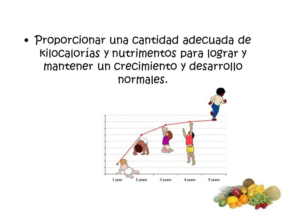 Proporcionar una cantidad adecuada de kilocalorías y nutrimentos para lograr y mantener un crecimiento y desarrollo normales.