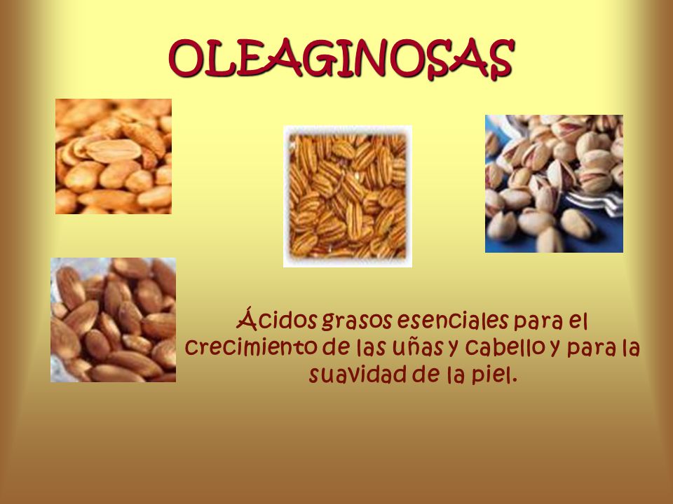 OLEAGINOSAS Ácidos grasos esenciales para el crecimiento de las uñas y cabello y para la suavidad de la piel.