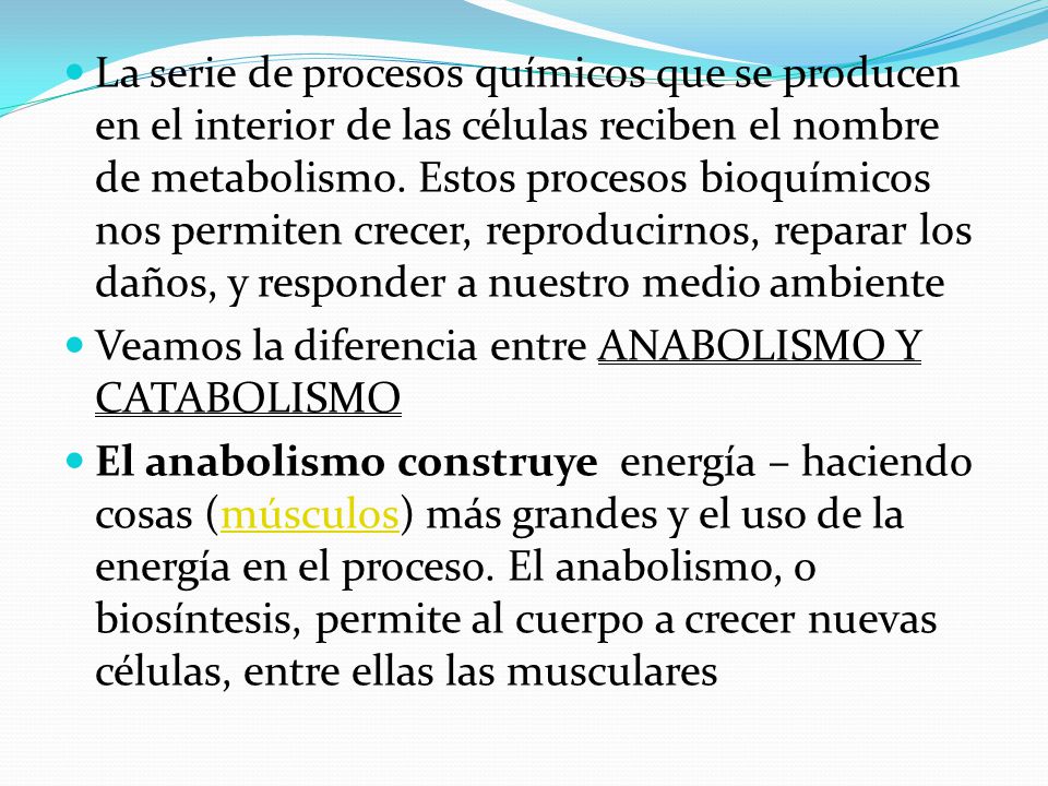 La serie de procesos químicos que se producen en el interior de las células reciben el nombre de metabolismo. Estos procesos bioquímicos nos permiten crecer, reproducirnos, reparar los daños, y responder a nuestro medio ambiente