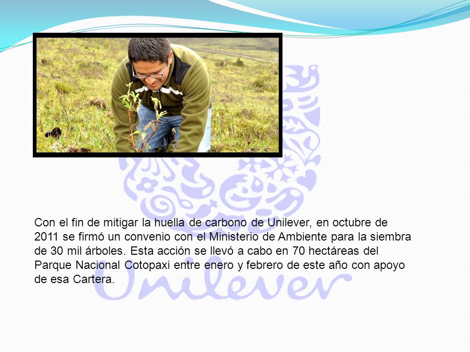 Con el fin de mitigar la huella de carbono de Unilever, en octubre de 2011 se firmó un convenio con el Ministerio de Ambiente para la siembra de 30 mil árboles.