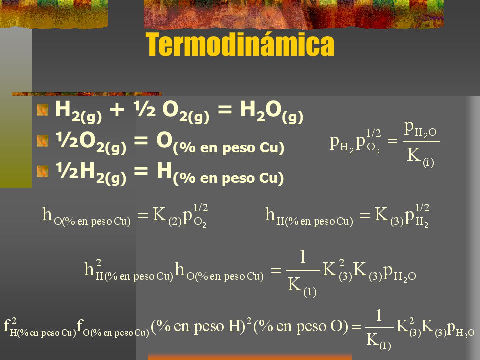 Termodinámica H2(g) + ½ O2(g) = H2O(g) ½O2(g) = O(% en peso Cu)