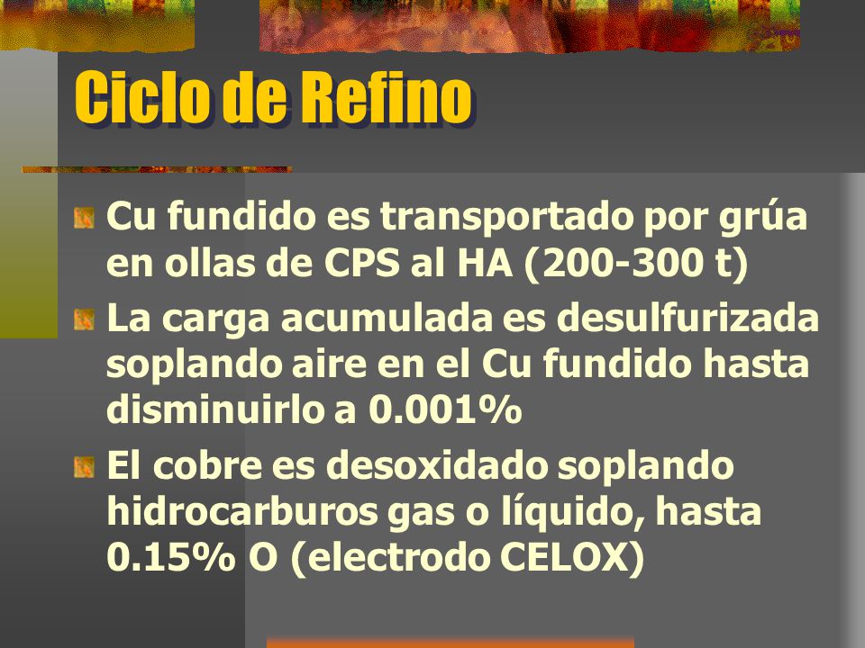 Ciclo de Refino Cu fundido es transportado por grúa en ollas de CPS al HA ( t)