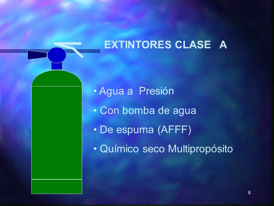 EXTINTORES CLASE A Agua a Presión Con bomba de agua De espuma (AFFF) Químico seco Multipropósito
