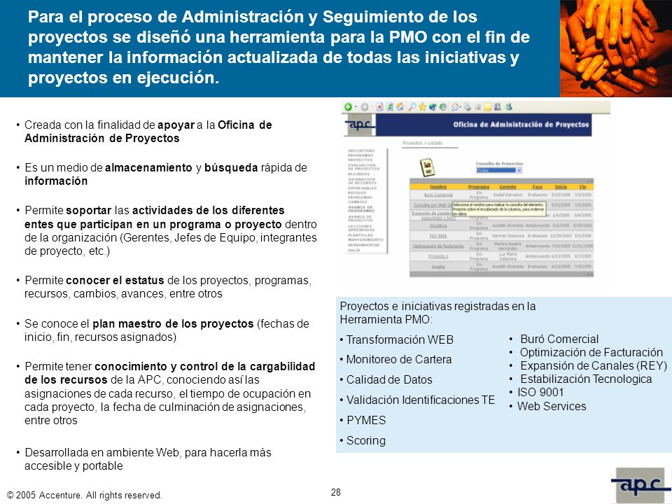 Para el proceso de Administración y Seguimiento de los proyectos se diseñó una herramienta para la PMO con el fin de mantener la información actualizada de todas las iniciativas y proyectos en ejecución.