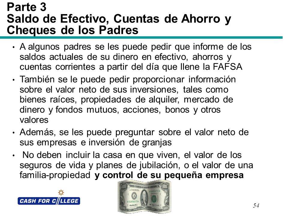 Parte 3 Saldo de Efectivo, Cuentas de Ahorro y Cheques de los Padres