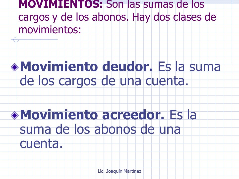 Movimiento deudor. Es la suma de los cargos de una cuenta.