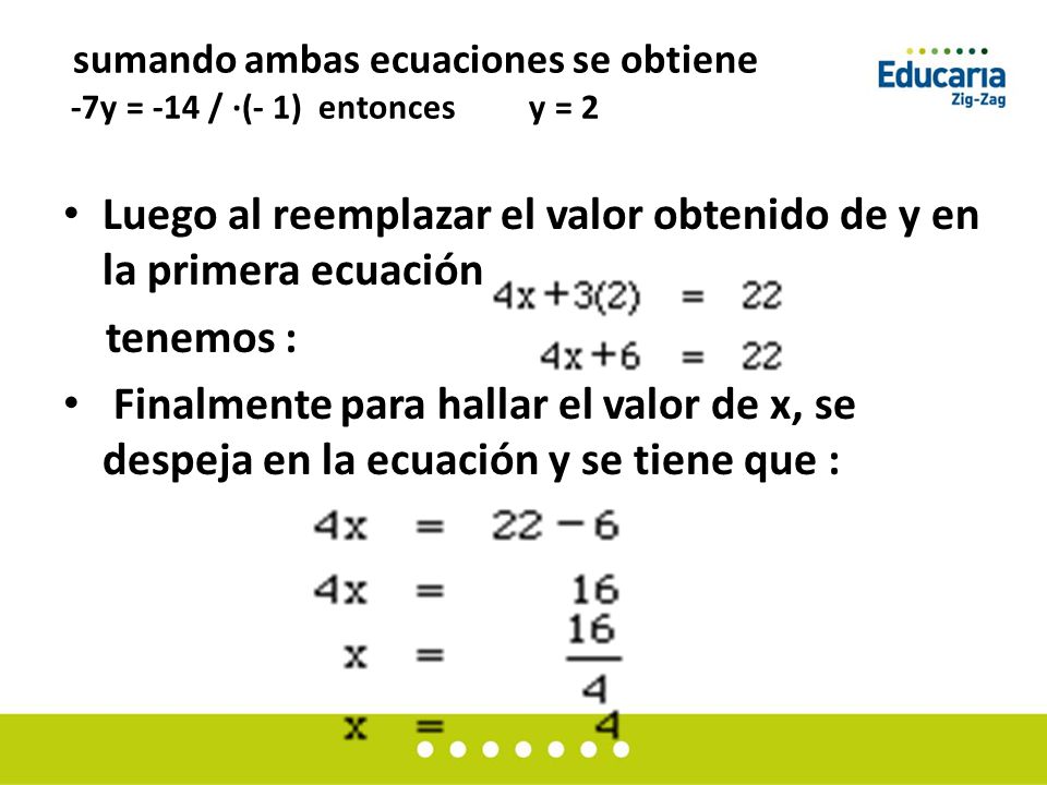 sumando ambas ecuaciones se obtiene -7y = -14 / ·(- 1) entonces y = 2