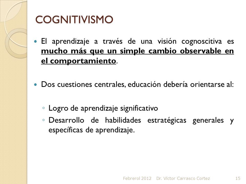 COGNITIVISMO El aprendizaje a través de una visión cognoscitiva es mucho más que un simple cambio observable en el comportamiento.
