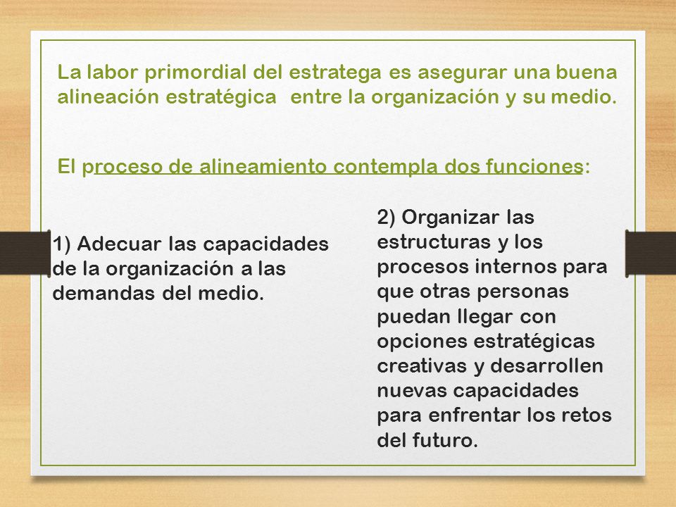 La labor primordial del estratega es asegurar una buena alineación estratégica entre la organización y su medio.