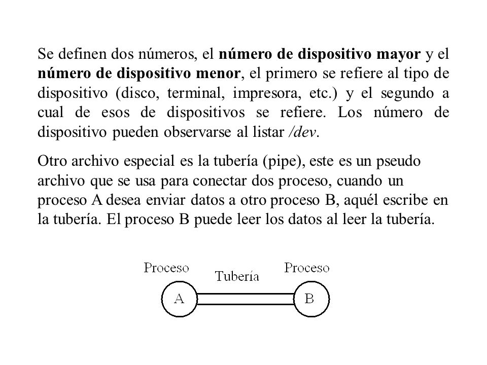 Se definen dos números, el número de dispositivo mayor y el número de dispositivo menor, el primero se refiere al tipo de dispositivo (disco, terminal, impresora, etc.) y el segundo a cual de esos de dispositivos se refiere. Los número de dispositivo pueden observarse al listar /dev.