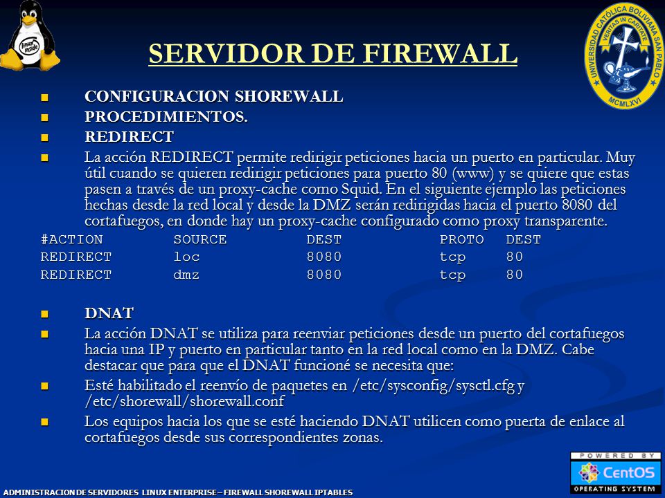 SERVIDOR DE FIREWALL CONFIGURACION SHOREWALL PROCEDIMIENTOS. REDIRECT