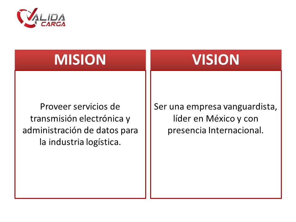 MISION VISION. Proveer servicios de transmisión electrónica y administración de datos para la industria logística.