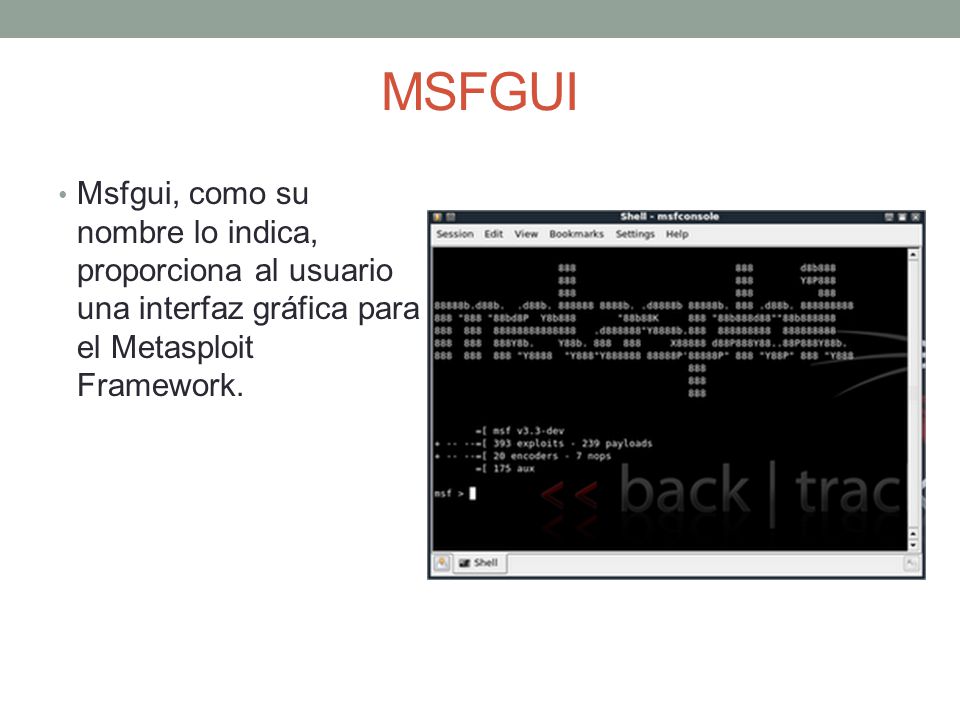 MSFGUI Msfgui, como su nombre lo indica, proporciona al usuario una interfaz gráfica para el Metasploit Framework.